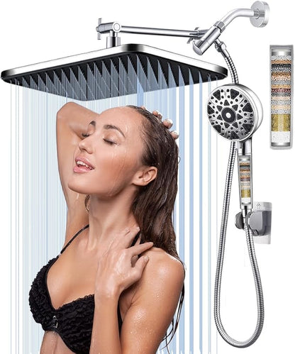 14'' Bathroom Filtered Shower Head with Handheld -Both High Pressure -Rain Shower Hea&9 Spray Mode Showerhead with Filters, 11'' Extension Arm Height Adjustable & 70" Anti-Kink Hose, Chrome