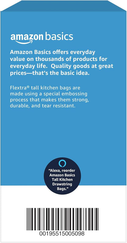 Amazon Basics Flextra Tall Kitchen Drawstring Trash Bags, 13 Gallon, 50 Count, Tear-Resistant, Unscented