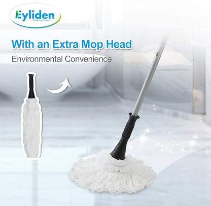 Eyliden Mop with 2 Reusable Microfiber Heads, Easy Wringing Twist Mop, 57.5 inch Long Handle, Wet Mops for Floor Cleaning, Commercial Household Clean Hardwood, Vinyl, Tile, and More (White)