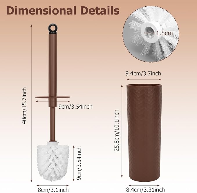 Topsky Toilet Brush,2 Pack Compact Toilet Brush & Holder Set,Plastic Round Barrel Loo Brush with 2 Replacement Toilet Brush Head,Durable for Bathroom Toilet,Brown