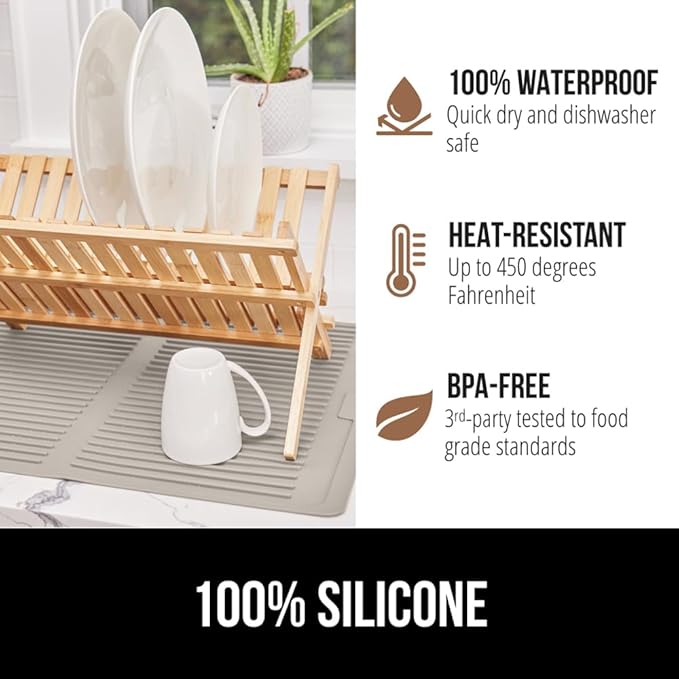 GORILLA GRIP 100% BPA-Free Patented Silicone Dish Drying Mat for Kitchen Counter, Water Catching Ribbed Design, Easy Clean Waterproof Sink Liner, Heat Resistant, Fits Under Rack, 12x16 Inch, Almond