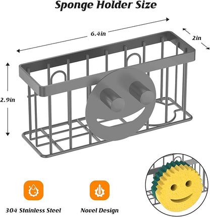 MURLONG Sponge Holder Smiley Face,Sink Caddy for Kitchen Sink,Sponge Holder with 2 PCS Suction Cups/1 PCS Adhesive Strips,Designed for Sponge,Soap,Dish Brush,Scrubber-Charcoal Gray