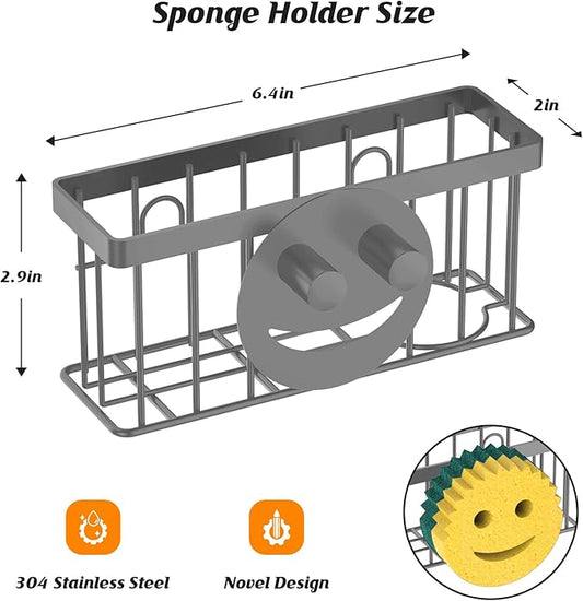 MURLONG Sponge Holder Smiley Face,Sink Caddy for Kitchen Sink,Sponge Holder with 2 PCS Suction Cups/1 PCS Adhesive Strips,Designed for Sponge,Soap,Dish Brush,Scrubber-Charcoal Gray