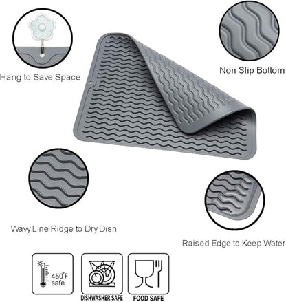 ZLR 2 Pcs Silicone Dish Drying Mat & Heat Resistant Trivet (12" x 16") - Waterproof Counter Protector for Coffee Maker - Non-Slip, BPA Free Kitchen Pad, Easy Clean Dishwasher Safe (Dark Gray)