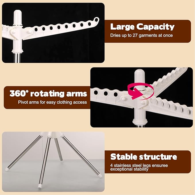 2-Layer Rotatable & Foldable Clothes Drying Rack 75" Stainless Steel Laundry Drying Tree with 6 Rotatable Arms, 4-Leg Free-Standing Hanger Stand for Indoor, Balcony, and Laundry Room