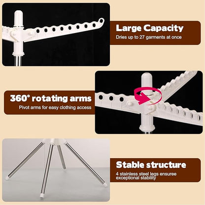 2-Layer Rotatable & Foldable Clothes Drying Rack 75" Stainless Steel Laundry Drying Tree with 6 Rotatable Arms, 4-Leg Free-Standing Hanger Stand for Indoor, Balcony, and Laundry Room