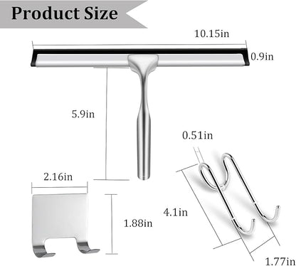 10-Inch Shower Squeegee for Glass Doors, Stainless Steel Shower Squeegee with Shower Door Hook & Adhesive Hook, Multi-Purpose Bathroom Squeegee for Glass, Door, Mirror and Window (Silver)