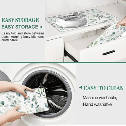 Dish Drying Mat for Kitchen Counter Microfiber Absorbent Dish Draining Reusable Washable Extra Large 18"x24" (Sage Leaves, 18x24in)