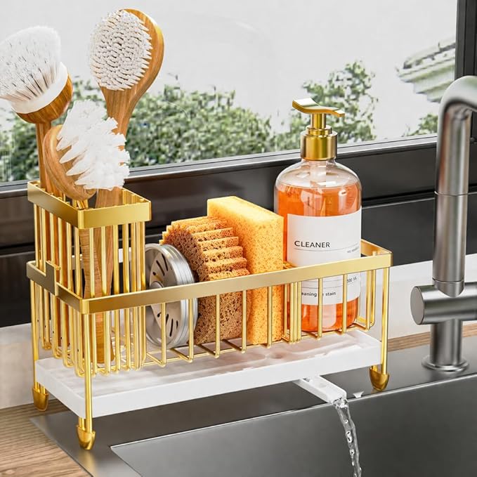 Cisily Sponge Holder for Kitchen Sink, Sink Caddy Organizer with High Brush Holder, Kitchen Countertop Organizers and Storage Essentials, Rustproof 304 Stainless Steel (Gold, 9.25″)