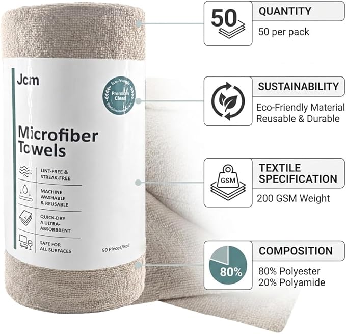 Super Eco Clean Microfiber Towel Roll 50 Tear-Away Reusable Sheets | Microfiber Cloths on a Roll for Kitchen, Car Detailing & House Cleaning | Eco-Friendly Paper Towel Alternative