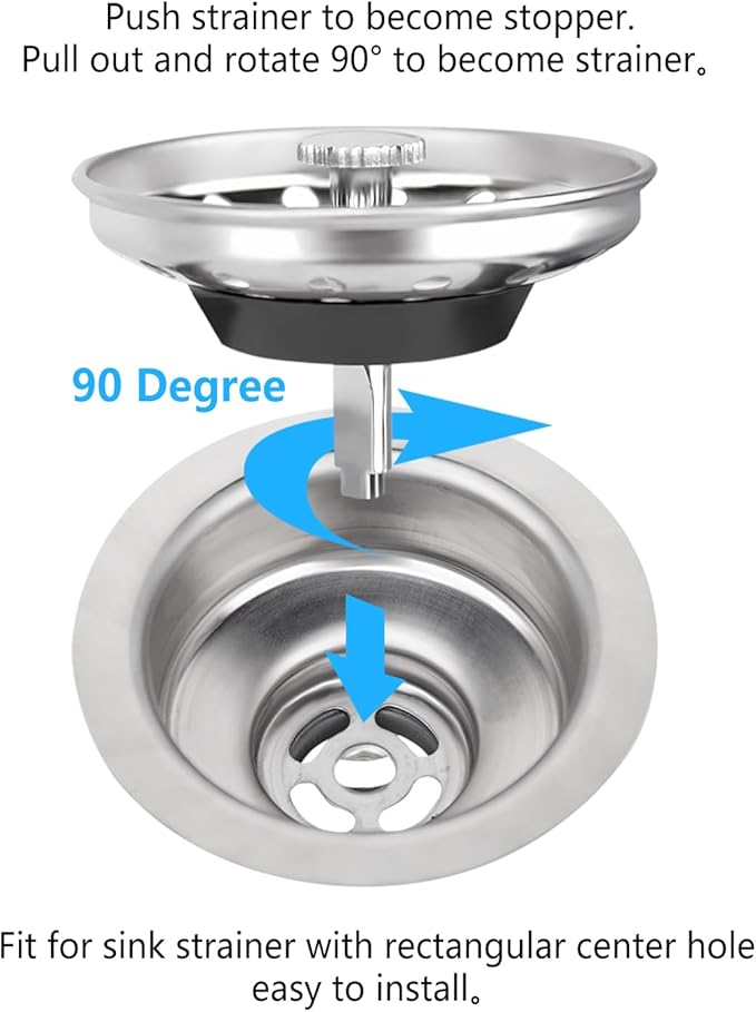 Uni-Green - 2 Pack - Kitchen Sink Strainer and Stopper Kit Basket - Replacement for US Standard 3-1/2 Inch Kitchen Sink Drain - 304 Stainless Steel Basket with Knob - Rubber Sink Stopper Bottom