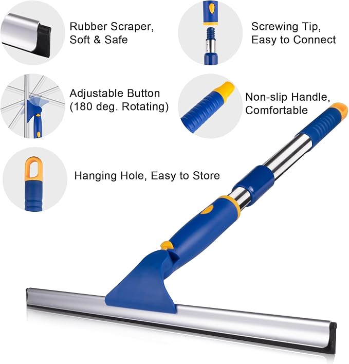 BITOPE 14 inch Shower Squeegee for Glass Door with 2pcs Rubber Refills Extension Handle Window Car Windshield Cleaner Tool for Cleaning Shower Door Mirrors Tile Walls Bathroom RVs