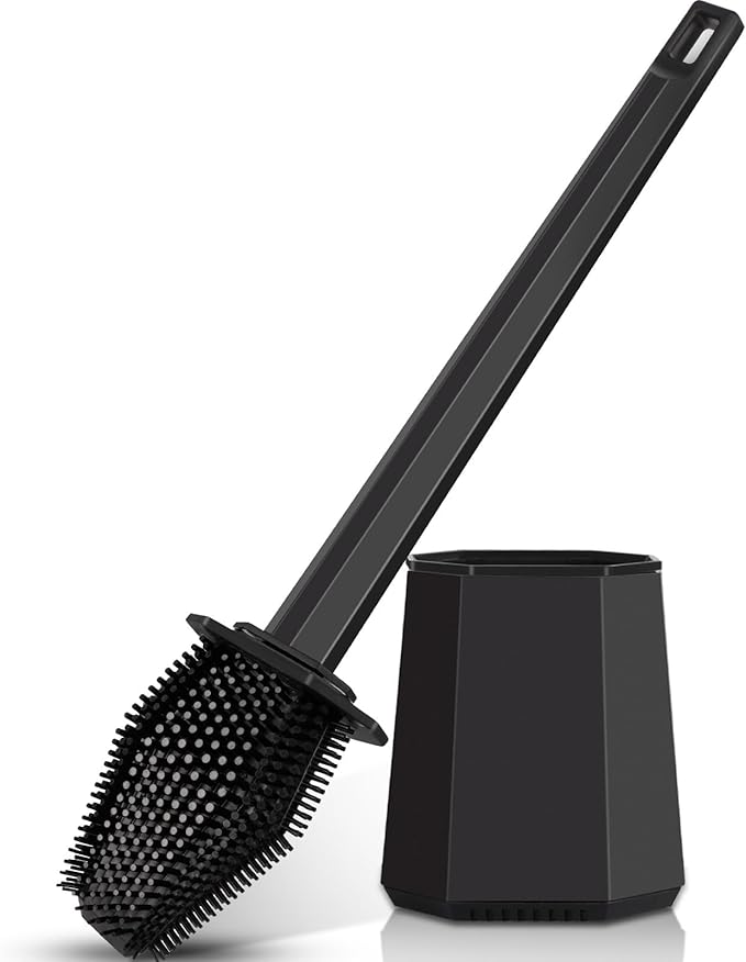 Silicone Toilet Brush and Holder Bendable Efficient Cleaning Wall Mounted Toilet Bowl Brush with Long Handle Brush Head and Silicone Bristles No Rusty Handles Problem