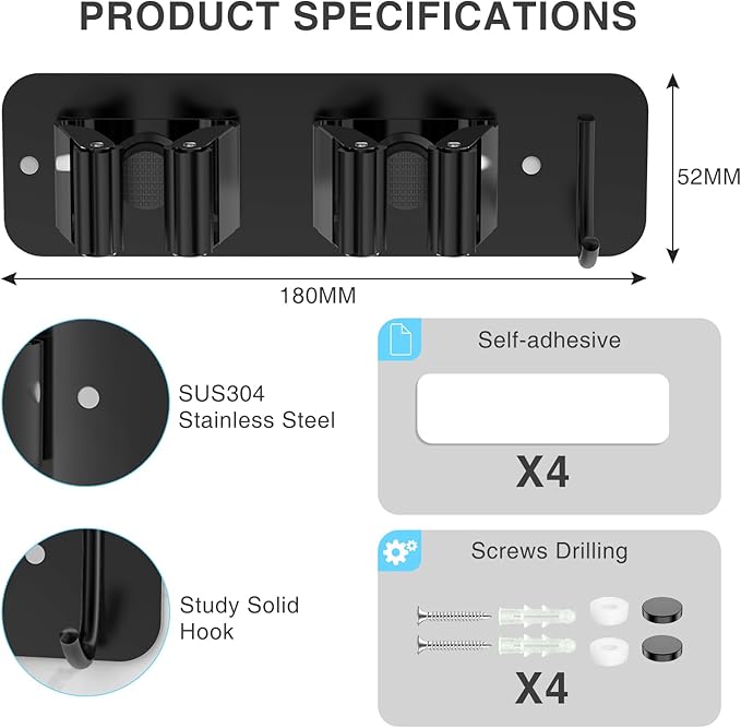 homeasy Wall Mount Mop and Broom Holder, Heavy Duty Stainless Steel Organizer Rack with Hooks | 4-Pack, 2-in-1 No Drill & Screw Installation, Black