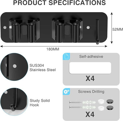 homeasy Wall Mount Mop and Broom Holder, Heavy Duty Stainless Steel Organizer Rack with Hooks | 4-Pack, 2-in-1 No Drill & Screw Installation, Black