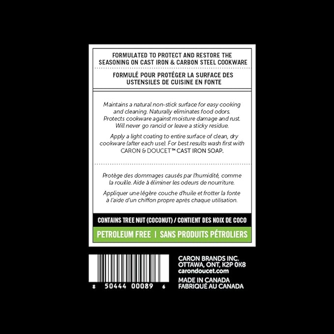 CARON & DOUCET - Cast Iron Seasoning & Cleaning Oil | 100% Plant-Based & Food Grade! | Best for Seasoning, Restoring, Curing and Care (8oz)