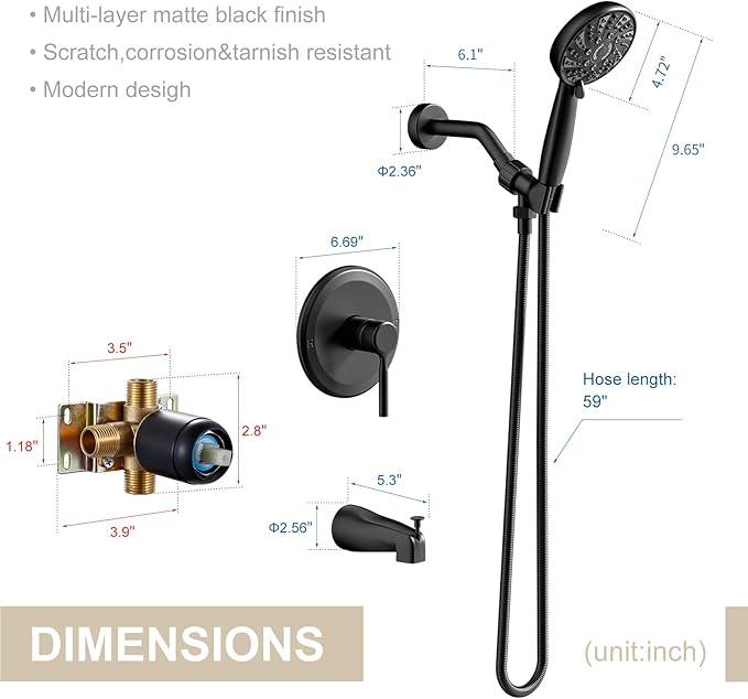 Tub Shower Faucet Set,Shower Systerm with Valve and Tub Spout,ABS Single Shower Head and Handle Set Shower Trim Kit for Bathroom,Matte Black,6-Modes Spray