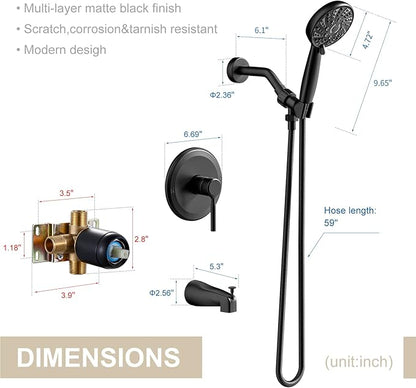 Tub Shower Faucet Set,Shower Systerm with Valve and Tub Spout,ABS Single Shower Head and Handle Set Shower Trim Kit for Bathroom,Matte Black,6-Modes Spray