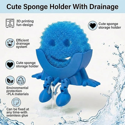 Creative Hanging Sponge Holder with Drainage/Traceless Glue, 3D Printing Countertop Funny Sponge Holders for Kitchen Sink, Keeps Your Sponge Dry & Smiling, for Scrub Daddy Holder (1, Blue)