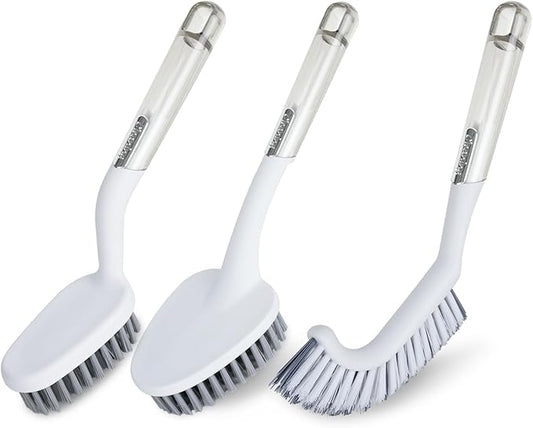 3 Pack Heavy Duty Shower Cleaning Brush Set, Stiff Bristles Grout Brush, Scrub Brushes for Cleaning Bathroom, Shower, Tile, Tub, Grout, Carpet, Floor (Crystal Gray)