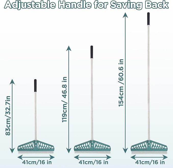 Artificial Turf Rake with Adjustable Steel Handle from 32 to 61 Inch, Durable Artificial Grass Rake, Turf Brush for Cleaning pet Hair, Large Fallen Leaves and Dead Grass from Artificial Turf