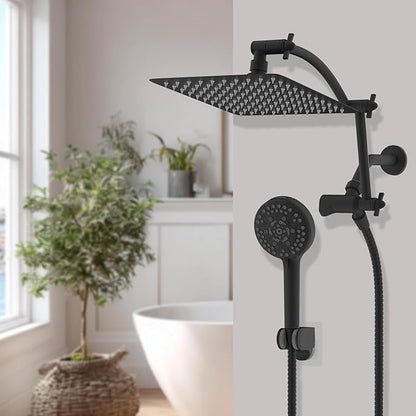 Hibbent All Metal cUPC Certified Shower Head, 10'' High Pressure Rain Shower Head, Handheld Showerhead Combo with 16'' Adjustable Extension Arm, 10 Sprays, 71'' Hose, Showerhead Holder, Matte Black