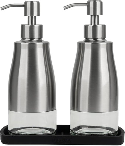 Gaussra Kitchen Soap Dispenser Set with Silicone Tray and Stickers - Brushed Nickel, Stainless Steel Glass Soap Dispenser Bathroom, Refillable Hand Dish Dispenser for Kitchen Sink