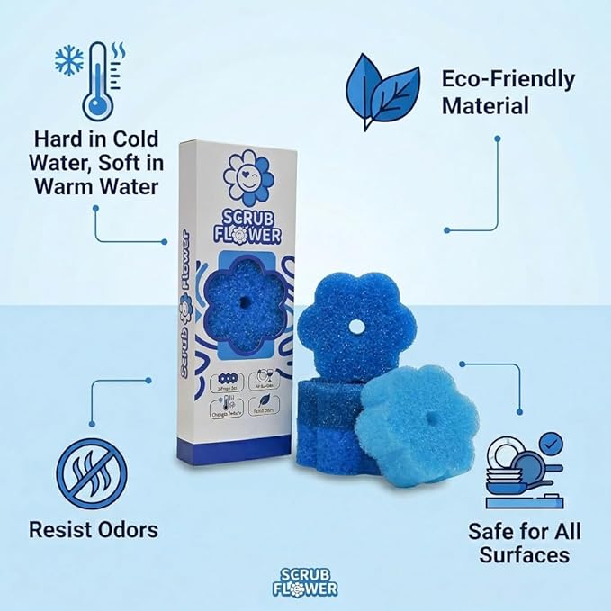Scrub Flower Temperature Sensitive Sponges -Non-Scratch Scrubbers for Kitchen & Home - Firm in Cold & Soft in Warm Water - Odor Resistant Color-Coded Dish Sponges (Sapphire Hydrangea, 3 Count)