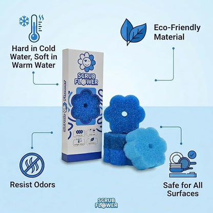 Scrub Flower Temperature Sensitive Sponges -Non-Scratch Scrubbers for Kitchen & Home - Firm in Cold & Soft in Warm Water - Odor Resistant Color-Coded Dish Sponges (Sapphire Hydrangea, 3 Count)