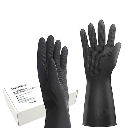 Thick Rubber Cleaning Gloves - 3 Pairs Black Rubber Gloves for Dishwashing Large, Non-Slip Kitchen Gloves for Washing Dishes, Reusable Cleaning Gloves, Waterproof, Heavy-Duty (3P,L)