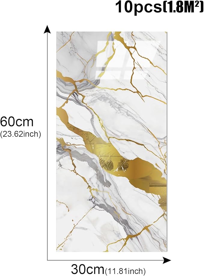 10pcs Thick Marble Peel and Stick Waterproof Wall Panels,Heat-Resistant Backsplash Tile, 23.6"x11.8" PVC Foam Wall Sticker for Kitchen,Living Rooms,TV Walls,White and Gold (Not Real Tile 19.4Sq. Ft.)