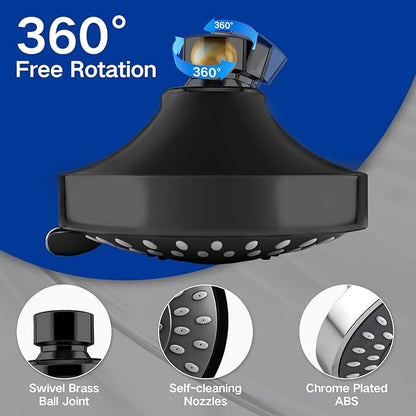 High Pressure Shower Head - Adjustable Bathroom Fixed Rain Showerhead with Swivel Brass Ball Joint, Self-cleaning Nozzles (5-Mode, 4 Inch Black)