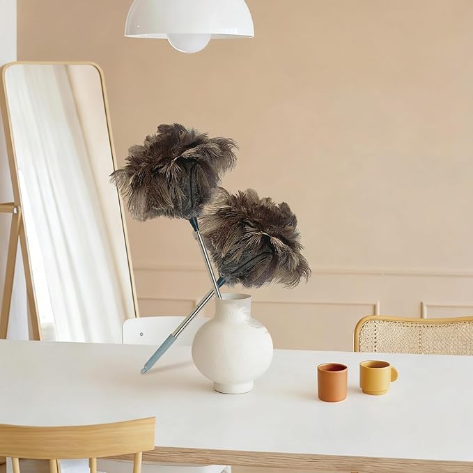 NCEDN Genuine Ostrich Feather Duster 40 Inches - Extendable Stainless Steel Handle, 8 Inches Long Thick Feathers, Telescopic Duster for Ceiling Fans, Blinds, Furniture, Car, Washable