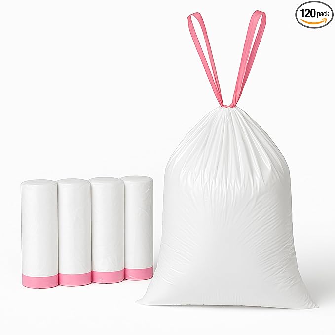 13 Gallon Drawstring Trash Bags for Kitchen – Tall White Garbage Bags with Easy Tear-Off Roll, Heavy-Duty, Leak-Proof & Odor-Free – 120 Count