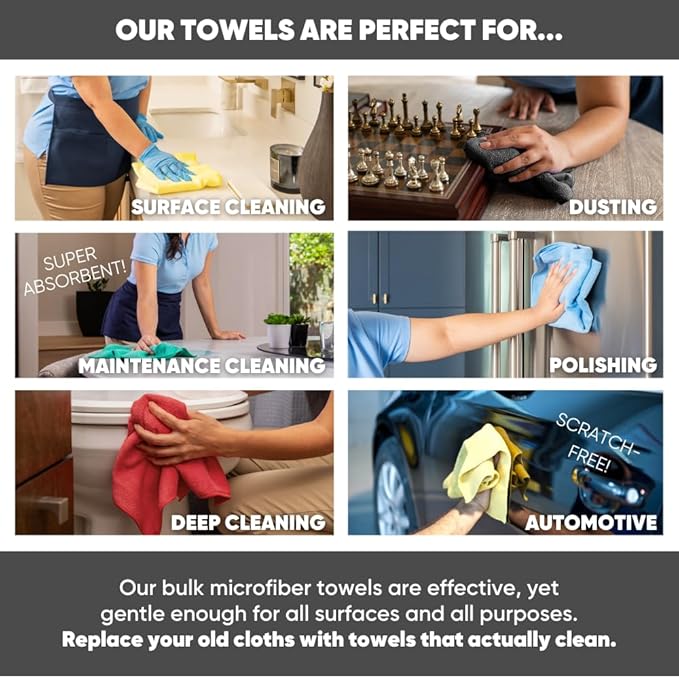 Bulk 12” X 12” All Purpose Microfiber Towels Wholesale - Case Quantity (400 Count) | No Fraying | High Density Microfiber | Zero Chemical Cleaner | Long-Lasting (Black)