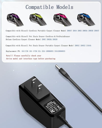 Charger for Bissell Pet Stain Eraser 2054 2002 20037 20028 2002Q 2003 2003A 2164A Cordless Handheld Portable Vacuum Cleaner Replacement 1611736 Adapter Power Cord