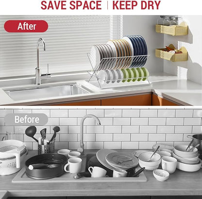 Dish Drying Rack with Drip Tray, Upgrade 3 Tier Collapsible Stainless Steel Dish Drainer, Plate Rack Holder for Kitchen Counter, Folding Dish Rack for Kitchen Sink, Countertop,Cutlery, Plates, Dishes