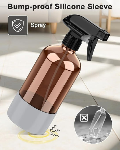 Bontip Amber Glass Spray Bottle with Silicone Sleeve Protection, 16 oz Refillable Spray Bottle for Cleaning Solutions, Plants, Aromatherapy, Facial Hydration (Grey Sleeve(Amber Bottle)