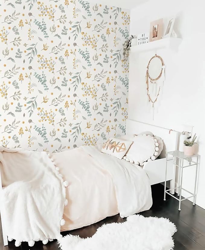 Timeet Floral Wallpaper Peel and Stick Self Adhesive Wallpaper Green/Yellow/Beige Removable Wall Paper Decor 15.4in x 118.11in