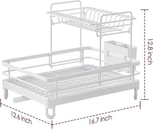 Sakugi Dish Drying Rack - X-Large Stainless Steel Dish Rack for Kitchen Counter, 2-Tier Kitchen Organizers and Storage for Dishes, Bowls, Cutlery, White