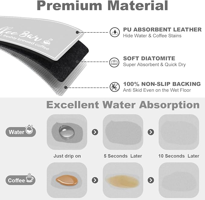 Findosom Dish Drying Mat, 16"x 24" Super Absorbent & Hide Stain Coffee Mat, Cuttable Drying Mat for Kitchen Counter, Coffee Bar Accessories, Under Dish Rack, Coffee Maker, Espresso Machine, LightGrey