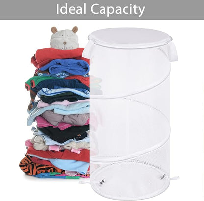 BATTOO Collapsible Laundry Basket with Lid Foldable Mesh Pop Up Hamper with Handles for Laundry Room, Bathroom, Kids Room, College Dorm, Travel, Storage Organizer White
