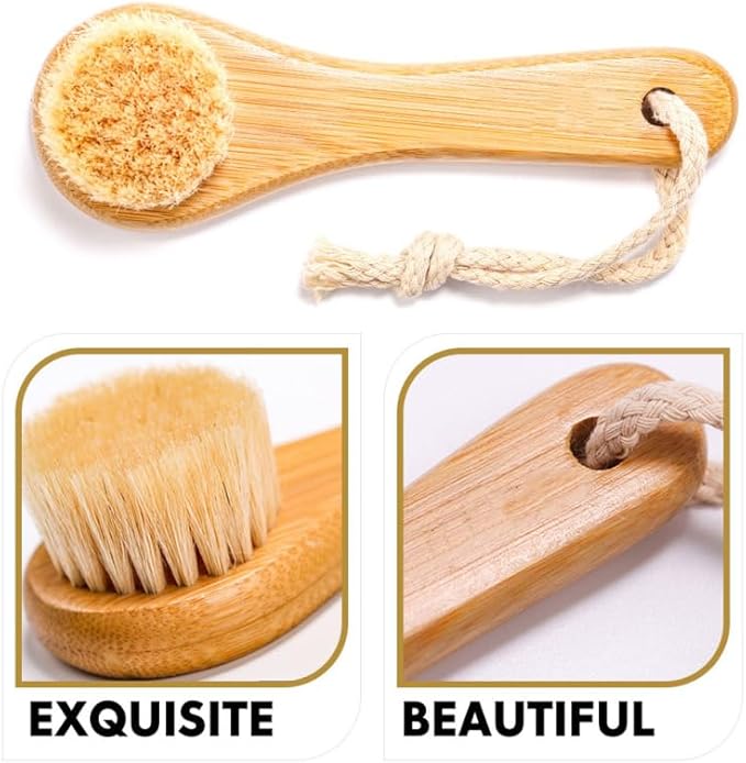 FRCOLOR Horsehair Facial Cleaning Brush with Bamboo Handle 5.35X1.65X1.49In Manual Face Exfoliating Brush for Deep Pore Cleansing and Gentle Skin Massage