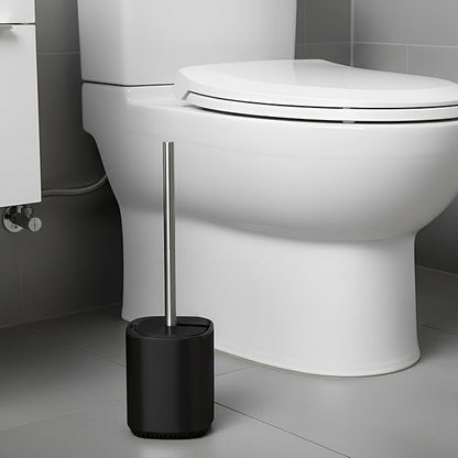 Toilet Bowl Brush and Holder, Toilet Brush with Stainless Steel Handle and Durable Bristles for Bathroom Cleaning, Automatic Closing Holder Set (Black)