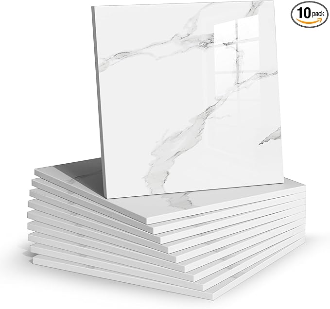 Chejiaye Thick 10pcs Marble Peel and Stick Backsplash Surface Waterproof Wall Panels,Self-Adhesive Marble PVC Foam Wall Panels for Kitchen,Bathroom-11.8"x11.8" Kitchen Tile(Not Real Tiles,White Grey)