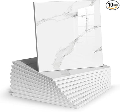 Chejiaye Thick 10pcs Marble Peel and Stick Backsplash Surface Waterproof Wall Panels,Self-Adhesive Marble PVC Foam Wall Panels for Kitchen,Bathroom-11.8"x11.8" Kitchen Tile(Not Real Tiles,White Grey)