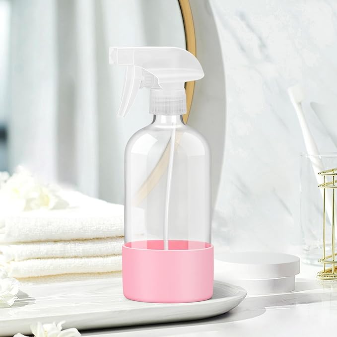 Rionisor Glass Spray Bottles with Silicone Sleeve Protection, Empty 16 oz Refillable Containers, Reusable Spray Bottles with Adjustable Nozzle for Hair, Cleaning Solutions, 1 Pack Pink