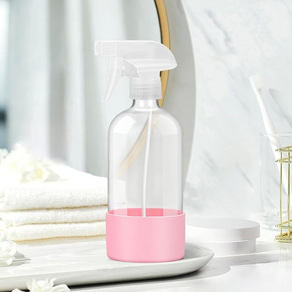 Rionisor Glass Spray Bottles with Silicone Sleeve Protection, Empty 16 oz Refillable Containers, Reusable Spray Bottles with Adjustable Nozzle for Hair, Cleaning Solutions, 1 Pack Pink