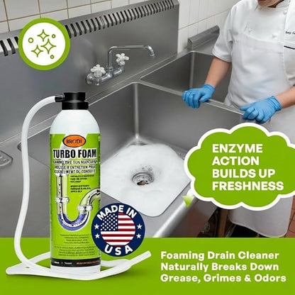 TurboFoam Drain Foam Cleaner, Expanding Enzyme Formula, Deep-Cleans Pipes, Dissolves Fat, Oil & Grease, Stops Odors at the Source – Safe for All Plumbing & Septic Systems (Pack of 1)