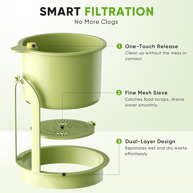 Hanging Food Waste Catcher for Sink, Sink Strainer Basket with Press Dumping, Self-Cleaning Design – Food Strainer for Sink, Faucet-Mounted Trash Catcher for Kitchen (Green)